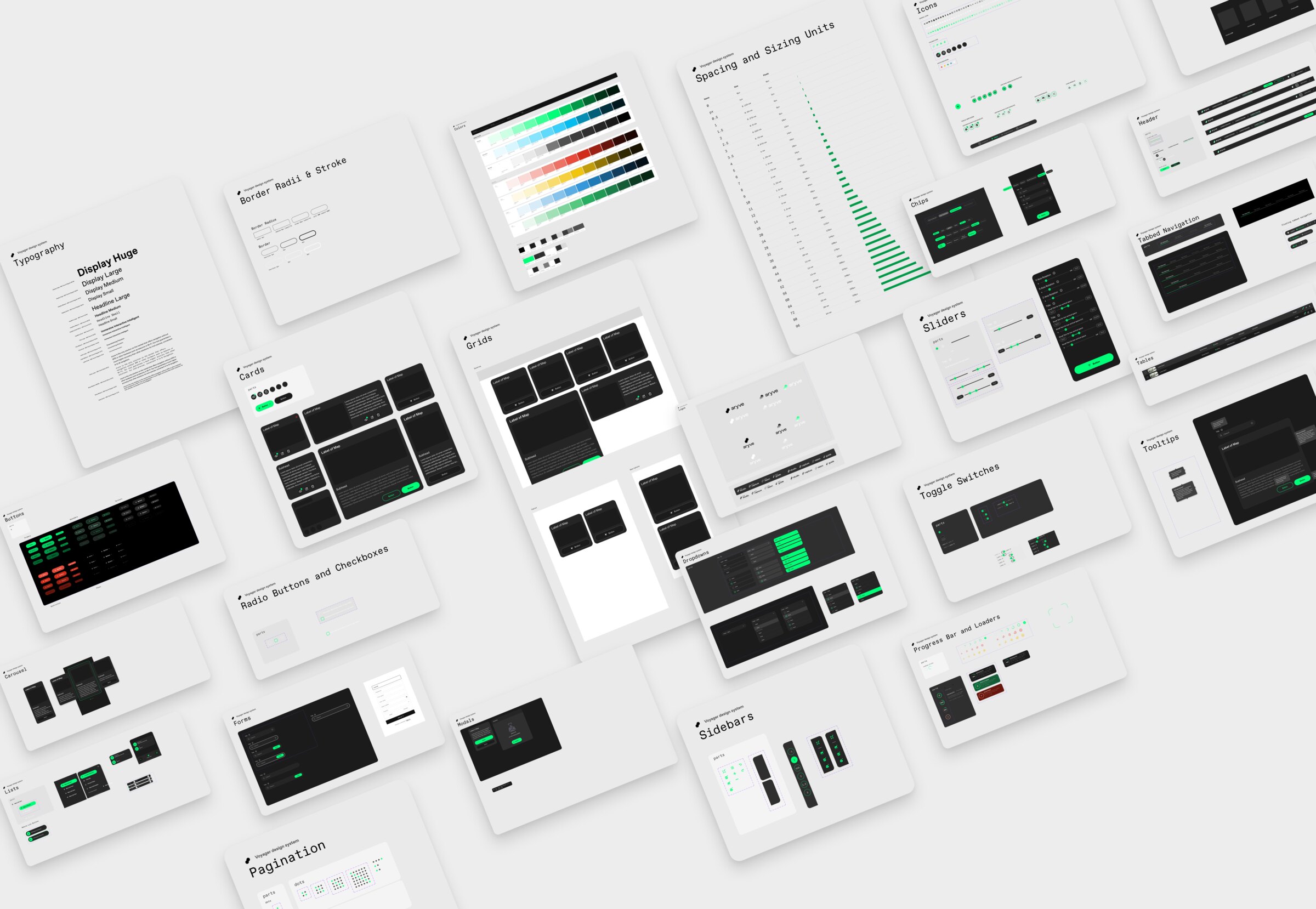 The aryve design system board — typography, colour, spacing, icons and the full component library: buttons, cards, forms, navigation, tables, modals, sidebars and more