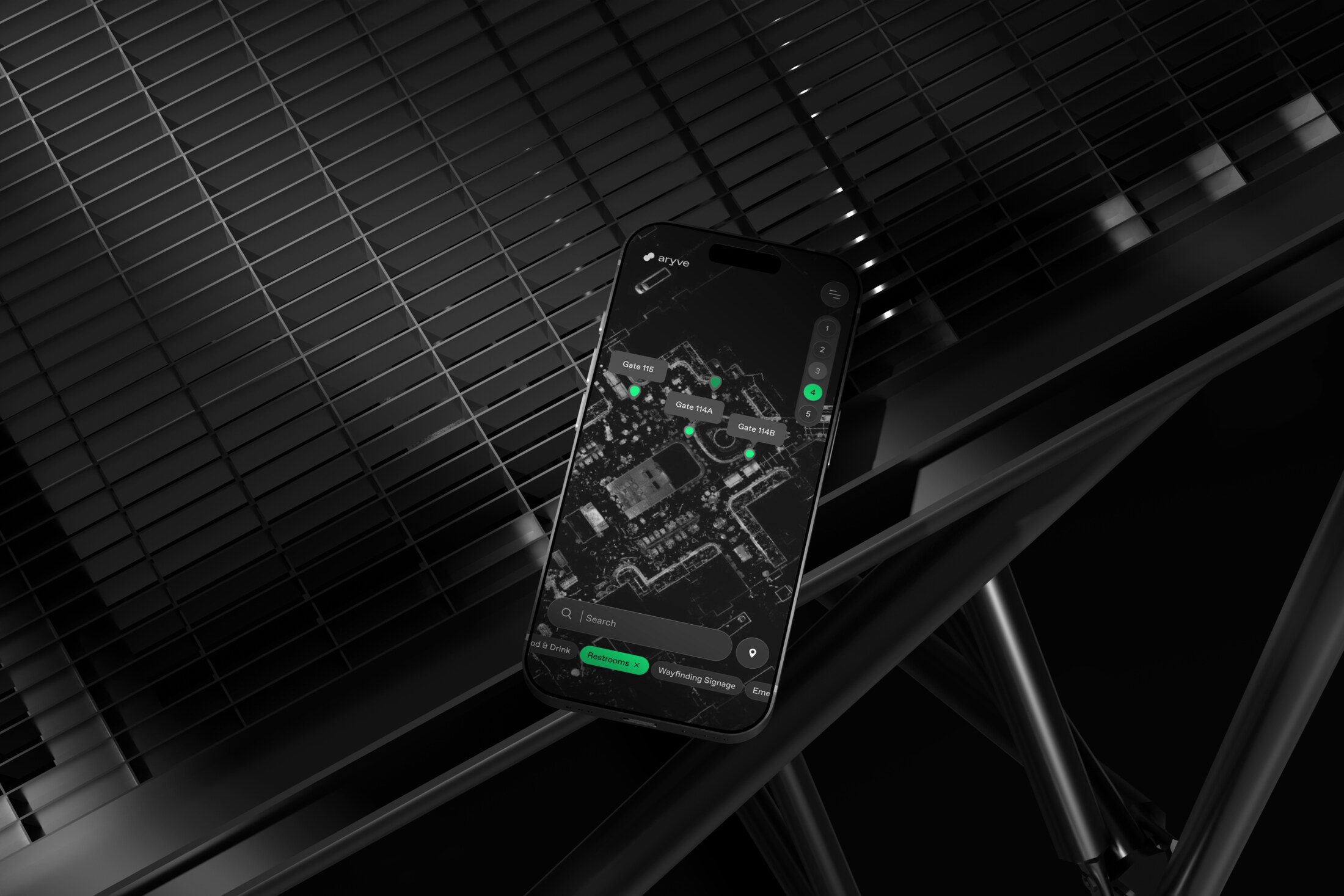 aryve indoor navigation — dark terminal map