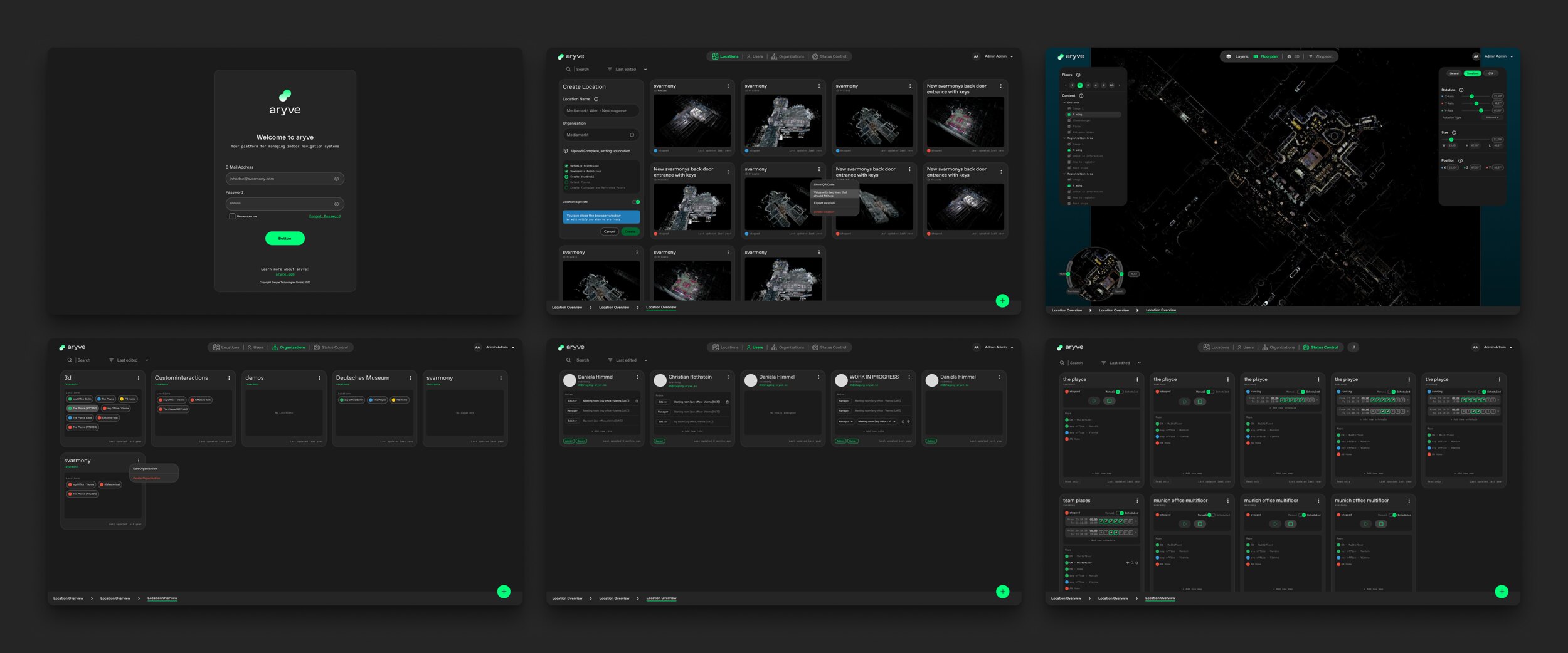aryve Studio CMS — sign-in, the locations library, the 3D floor-plan editor, and the organizations, users and status-control views