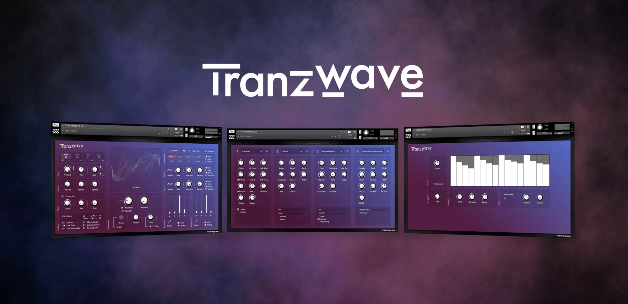 Tranzwave — the synth interface across its pages