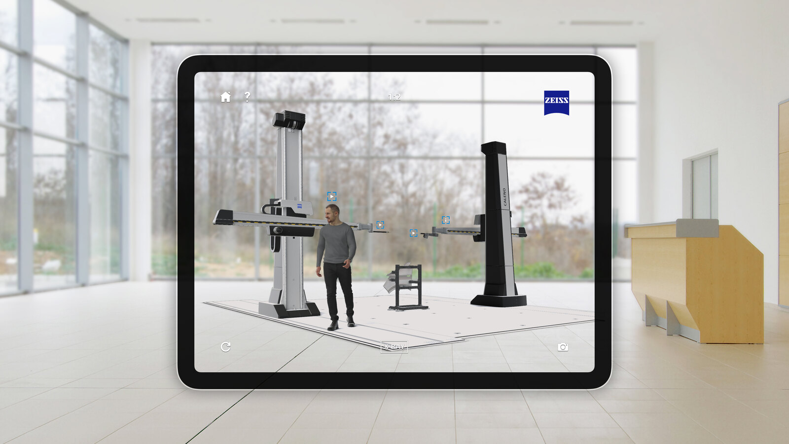 Zeiss AR Metrology — coordinate-measuring machine shown at 1:1 next to a person for scale